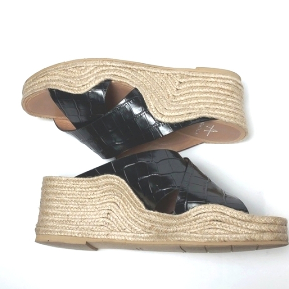Aquatalia Marina Leather Croc Embossed Crisscross Espadrille Wedges Black Size 7 - Picture 5 of 15